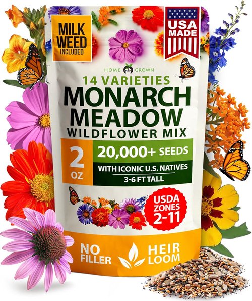 HOME GROWN Premium Monarch Butterfly Wildflower Seeds Mix - 20,000+ Non-GMO Milkweed Seeds for Pollinator Gardens | 2oz Perennial Flower Seeds