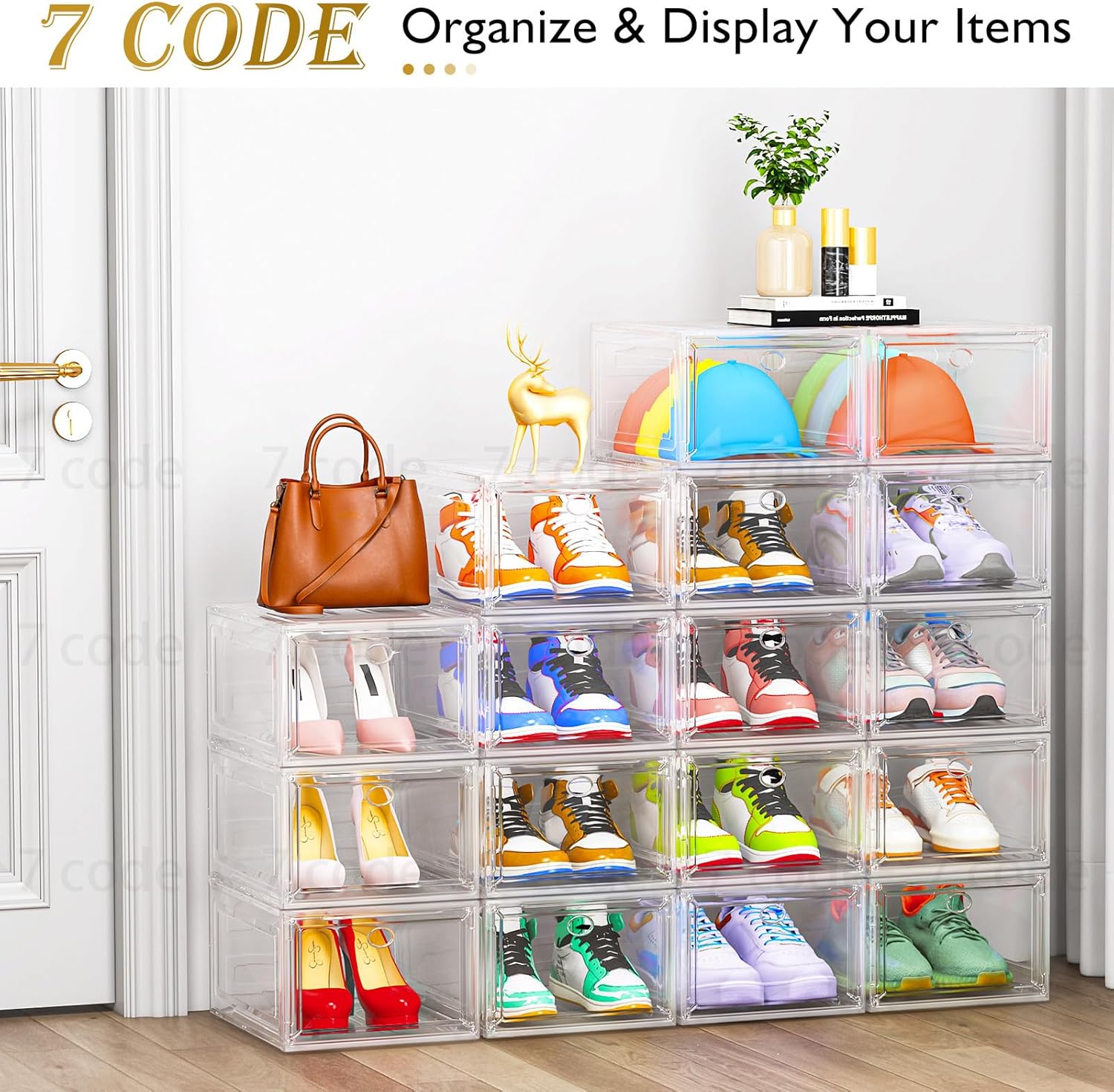 Skiennix Clear Shoe Storage Organizer - Sturdy Stackable Boxes with Magnetic Door | 6 Pack, White