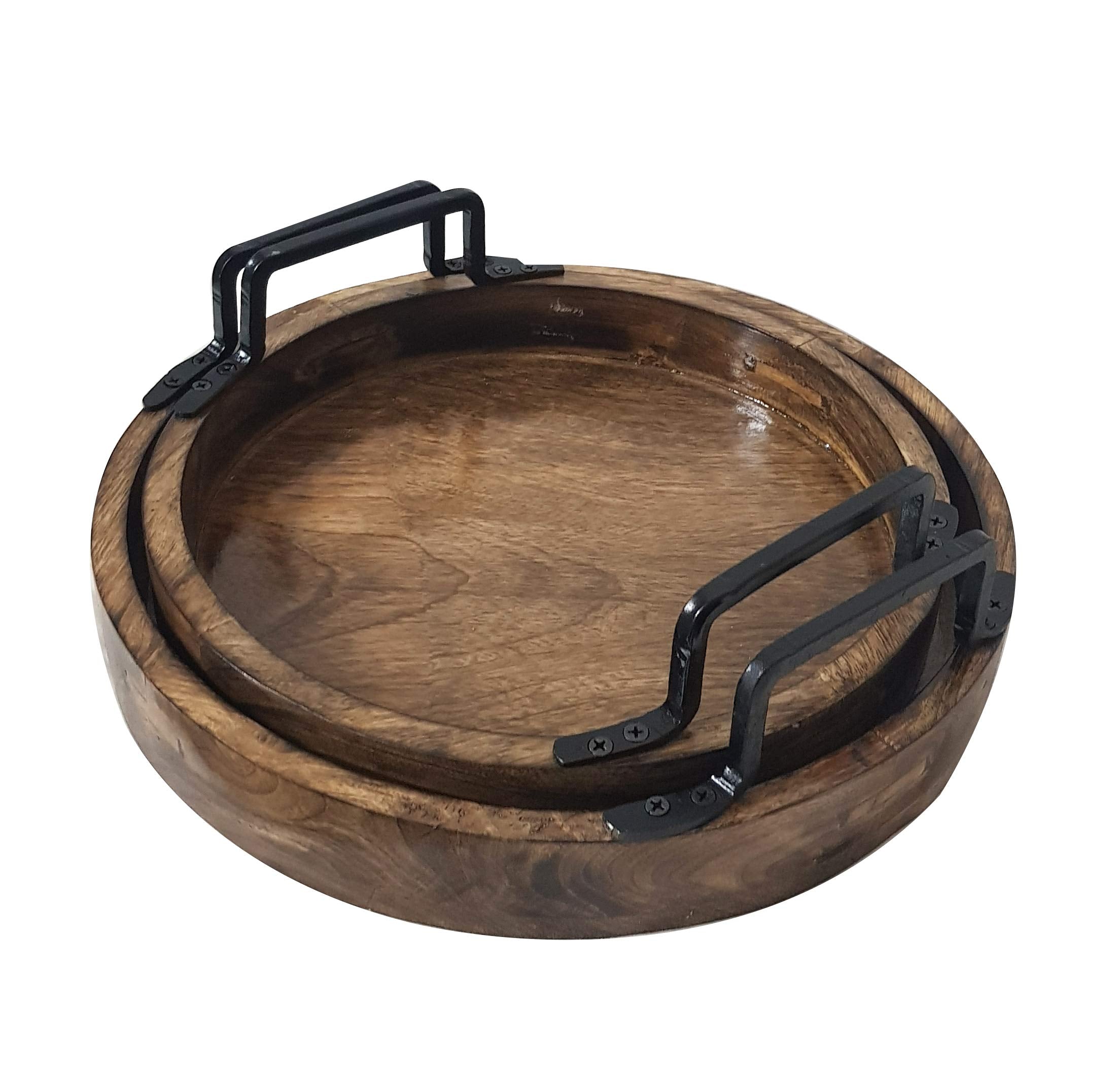 Set of 2 Round Wooden Serving Trays with Handles – Handcrafted Rustic Brown Trays for Kitchen, Dining, Coffee Table & Home Decor Antique Style Organizer Platters
