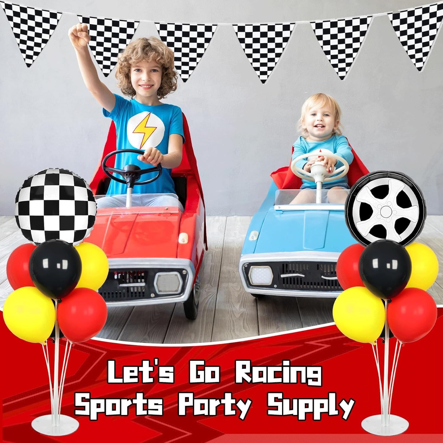 Race Car Party Balloons Kit - 2 Sets with Checkered Foil Balloons | Red, Black & Yellow Birthday Decor for Boys