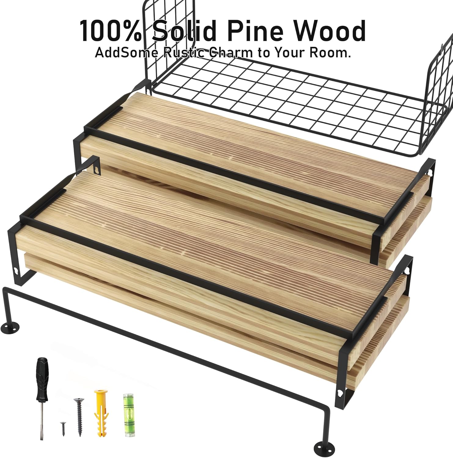 Wood Floating Shelves - Rustic Wall-Mounted 4-Tier Bathroom Shelves with Wire Basket & Towel Bar