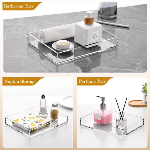 DINGHUO Acrylic Perfume Bathroom Vanity Counter Tray, Clear 9.45"x7.09"x1.38" Rectangle Countertop Organizer for Jewelry Candles Soap Makeup Toilet Tank Kitchen - 1 Pack