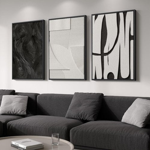 Framed 3D Textured Black and White Abstract Wall Art by [Brand Name] - Modern 3-Piece Set for Living Room | Minimalist Decor 24x36 In
