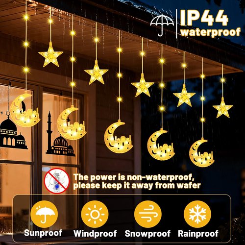 Ramadan Lights Decorations,130 LED Ramadan Decorations for Home 2026,Moon and Star Curtain String Lights with Remote Timer,8 Lighting Modes,Eid Decorations for Indoor Window Bedroom Party Holiday