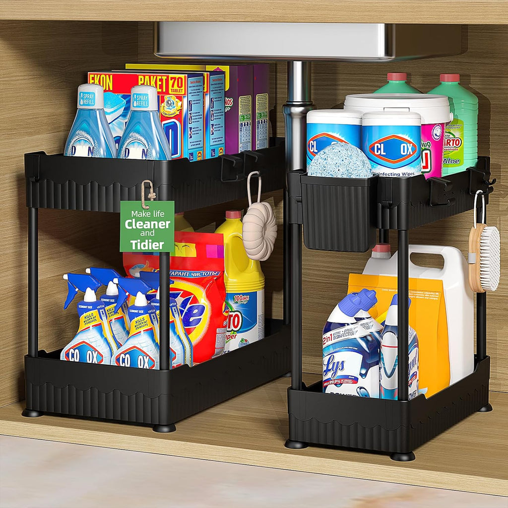 Sevenblue Under Sink Organizer - Multi-Purpose Storage Shelf with Hooks for Kitchen & Bathroom | Black, 2 Pack