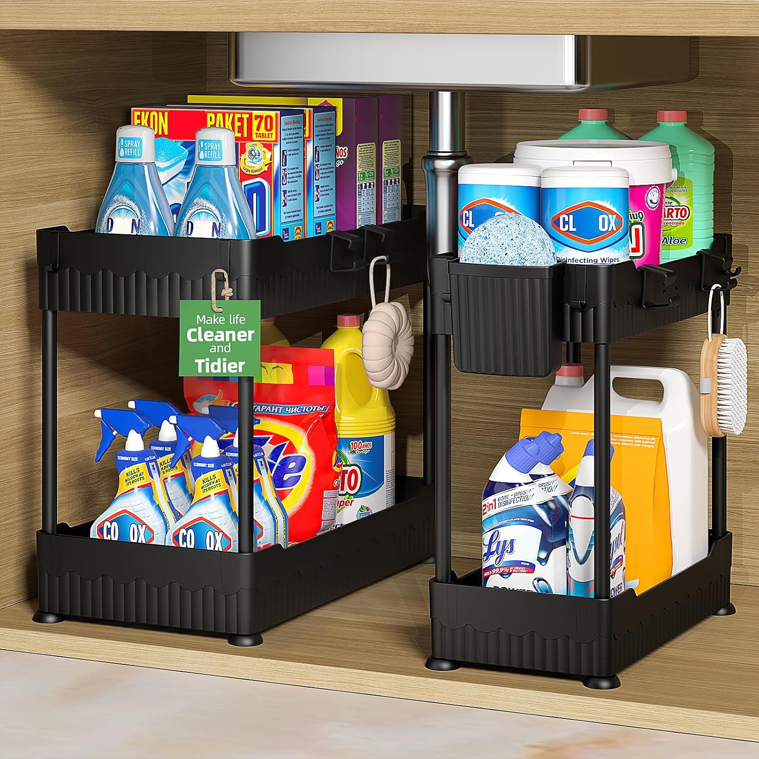 Sevenblue Under Sink Organizer - Multi-Purpose Storage Shelf with Hooks for Kitchen & Bathroom | Black, 2 Pack