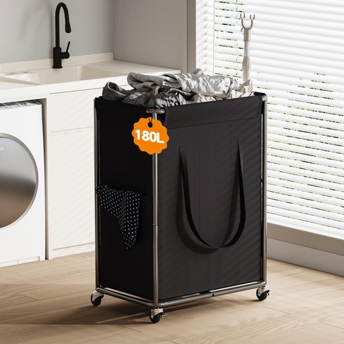 Homeiju 180L Large Laundry Hamper with Wheels, Rolling Laundry Basket with Metal Frame and Removable Bag Design, Dirty Clothes Laundry Cart for Bathroom, Dorm Room, Laundry Room, Black