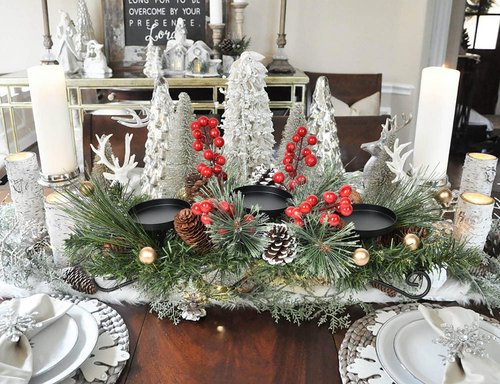 Lvydec Christmas Candle Holder - Festive Pine Cones & Red Berries Centerpiece with 3 Holders