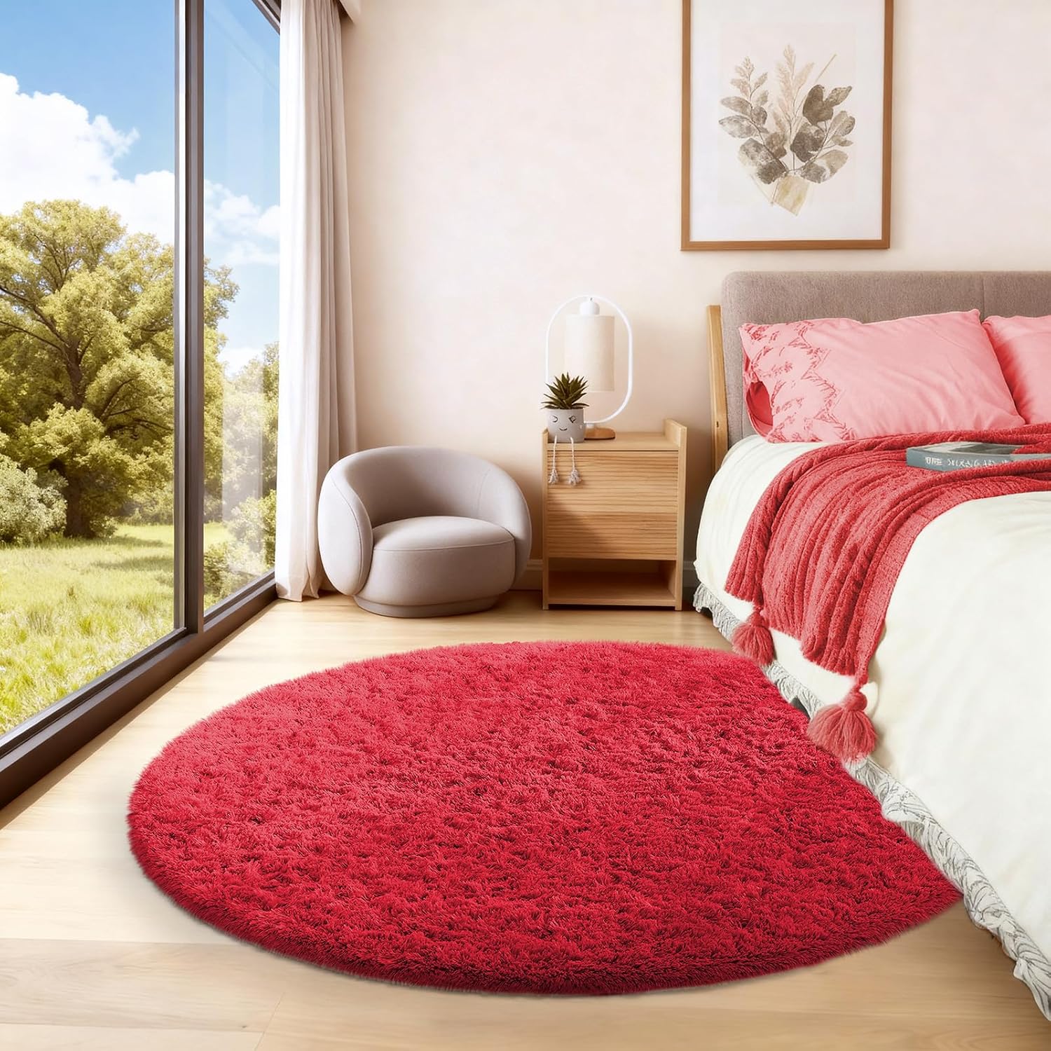 Ophanie Round Rug - 4Ft Red Circle Area Rug for Aesthetic Nursery & Living Room Decor | Soft Plush Shaggy Carpet