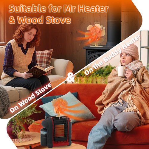TCFUNDY Heat Powered Wood Stove Fan, 6-Blades Fireplace Fan Non Electric for Warm Air Circulation, Stove Fan with Magnetic Thermometer for Wood Burning Stove, Pellet, Log, Silent Operation, Golden