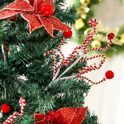 ZHANYIGY 4PC Set Red/White Christmas Tree Decorations - Woolen Candy Curly Picks, Bells Picks for Home Office Vase Party Ornaments