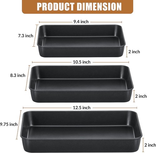 E-far Nonstick Baking Pans Set of 3 - Rectangle Stainless Steel Sheet Cake Pans | 12.5/10.5/9.4 Inch, Black Bakeware for Healthy Brownies, Lasagna & Casseroles
