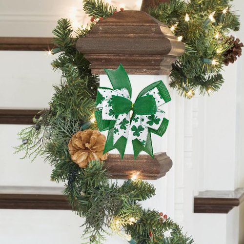 Clover Patrick's Day Wreath Bow - Green Shamrock DIY Holiday Ribbon Ornament | 9.5 x 13 Inch