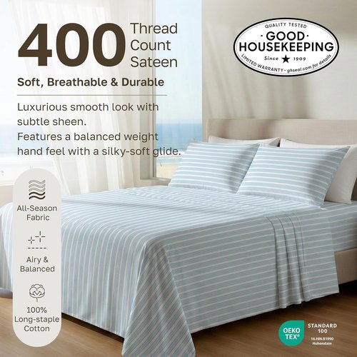 California Design Den Twin Size Cotton Sheets Set - 100% Soft Cotton, 400 Thread Count, Award-Winning Cape Stripe Blue