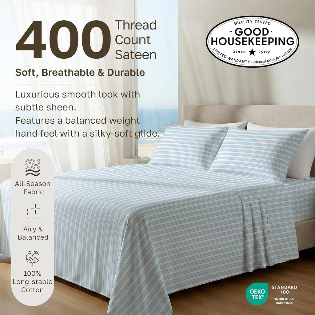 California Design Den 100% Cotton Cal King Sheets Set - 400 TC, Award-Winning Smooth Sateen, Deep Pockets, Cape Stripe Blue