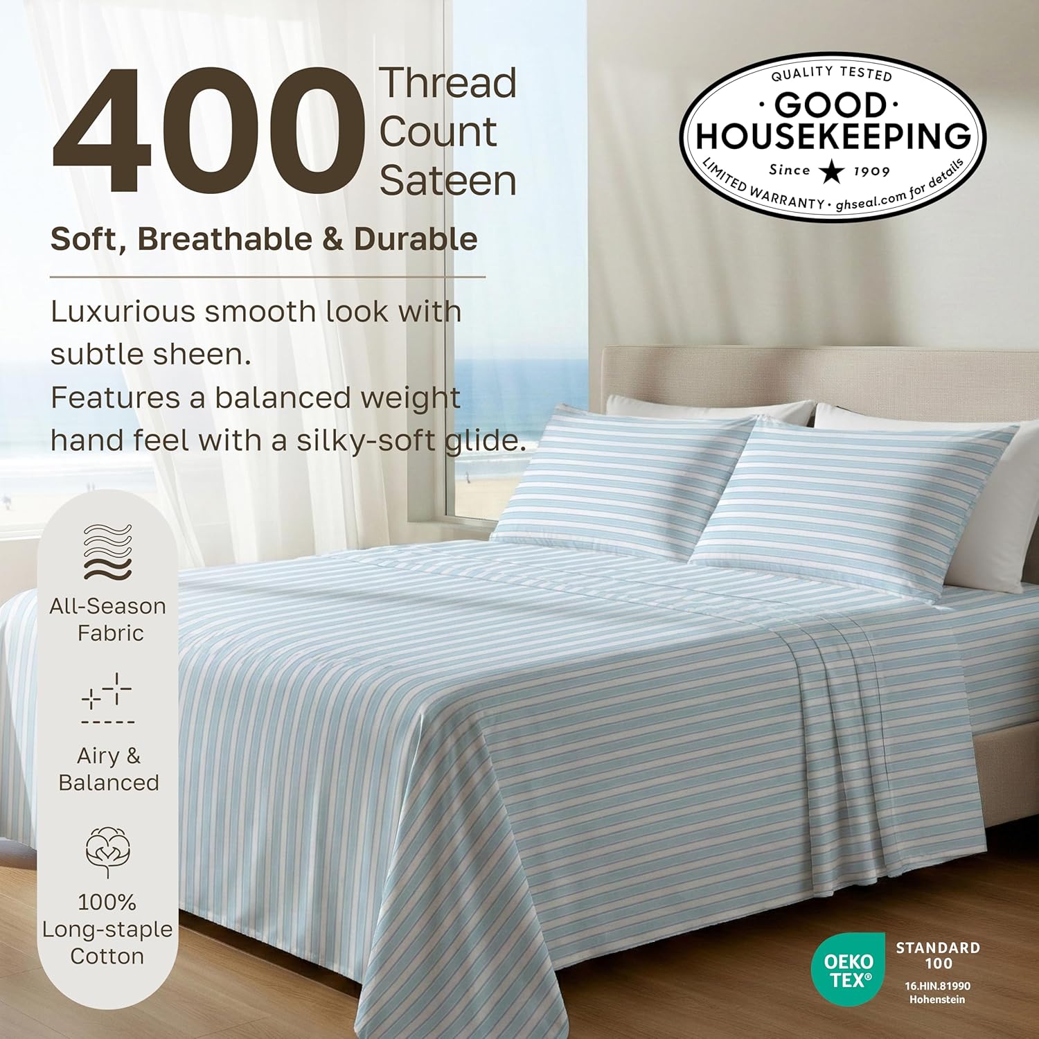 California Design Den 100% Cotton Cal King Sheets Set - 400 TC, Award-Winning Smooth Sateen, Deep Pockets, Cape Stripe Blue
