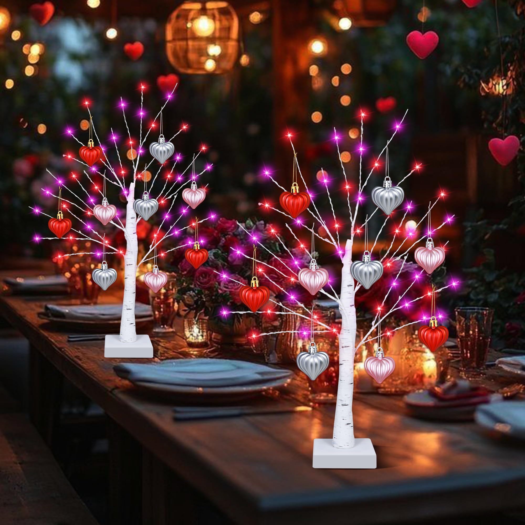 [Timer] Valentines Day Decorations Indoor 2 Pack 24 Inch Valentines Tree with 65 Red & Pink Lights 18 Hearts, USB & Battery Operated Valentines Decor, Valentines Day Decorations for Home Table Bedroom