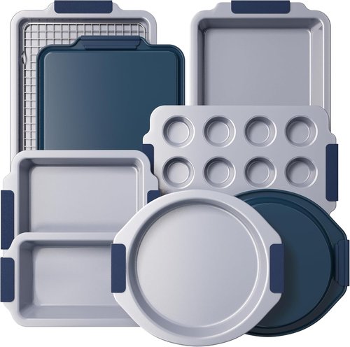 BRONYPRO Nonstick Ceramic Bakeware Set - 9 Piece Heavy Duty Aluminized Steel Baking Pans | Silicone Handles, PTFE & PFOA Free - Blue