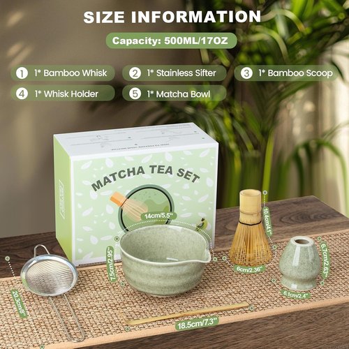 Dayacoco Matcha Whisk Set - Complete 5-Piece Ceramic Kit with Bowl, Whisk, Bamboo Scoop & Sifter | Perfect Gift for Tea Lovers (Green)