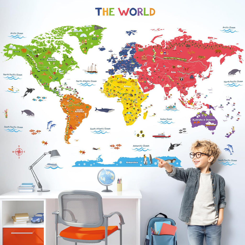 DECOWALL DL3-2212 XLarge World Kids Wall Stickers (59x40 inch) Decals Peel and Stick Removable for Nursery Bedroom Living Room Art murals Decorations