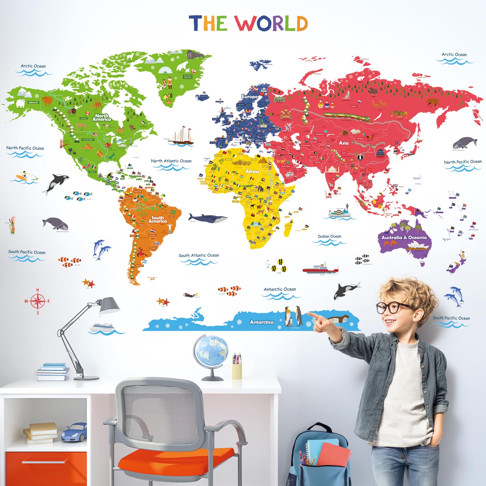 DECOWALL DL3-2212 XLarge World Kids Wall Stickers (59x40 inch) Decals Peel and Stick Removable for Nursery Bedroom Living Room Art murals Decorations