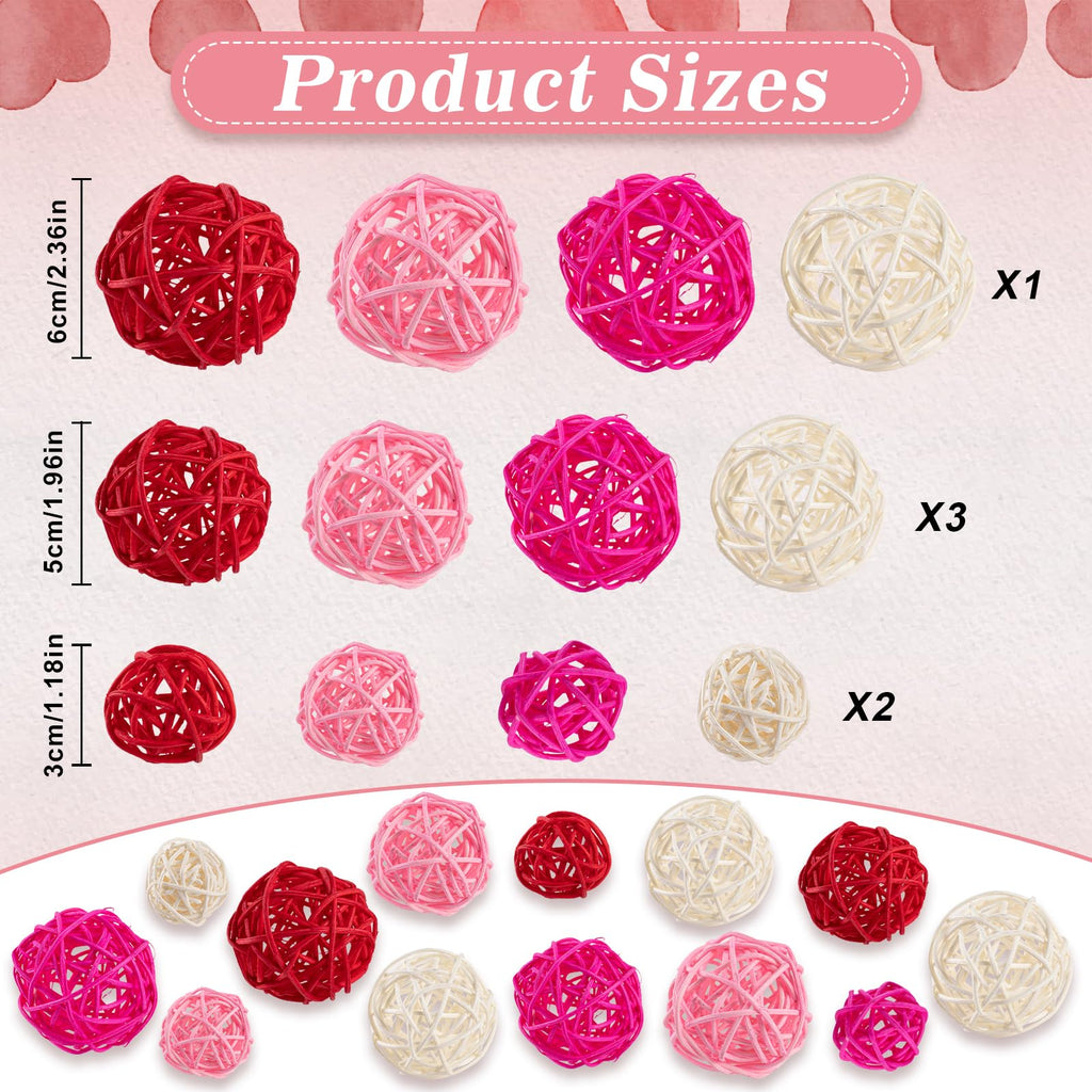 GuassLee 24Pcs Valentine's Day Decorative Rattan Balls, Pink Red Grey Wicker Balls Decorations for Valentine's Day Decor Centerpiece DIY Crafts Vase Bowl Orbs Filler Wedding Home Decor, 1.2"/2"/2.4"