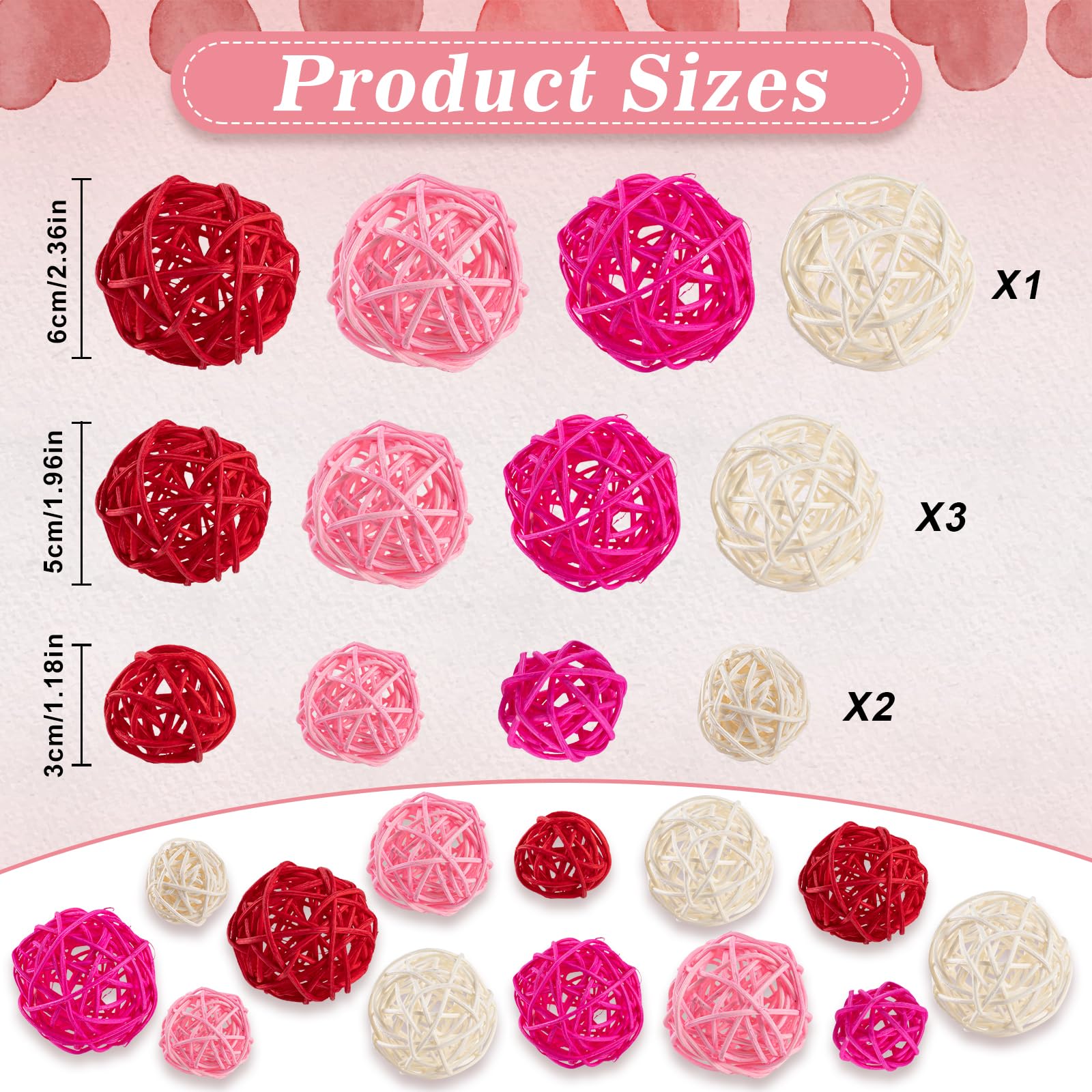 GuassLee 24Pcs Valentine's Day Decorative Rattan Balls, Pink Red Grey Wicker Balls Decorations for Valentine's Day Decor Centerpiece DIY Crafts Vase Bowl Orbs Filler Wedding Home Decor, 1.2"/2"/2.4"