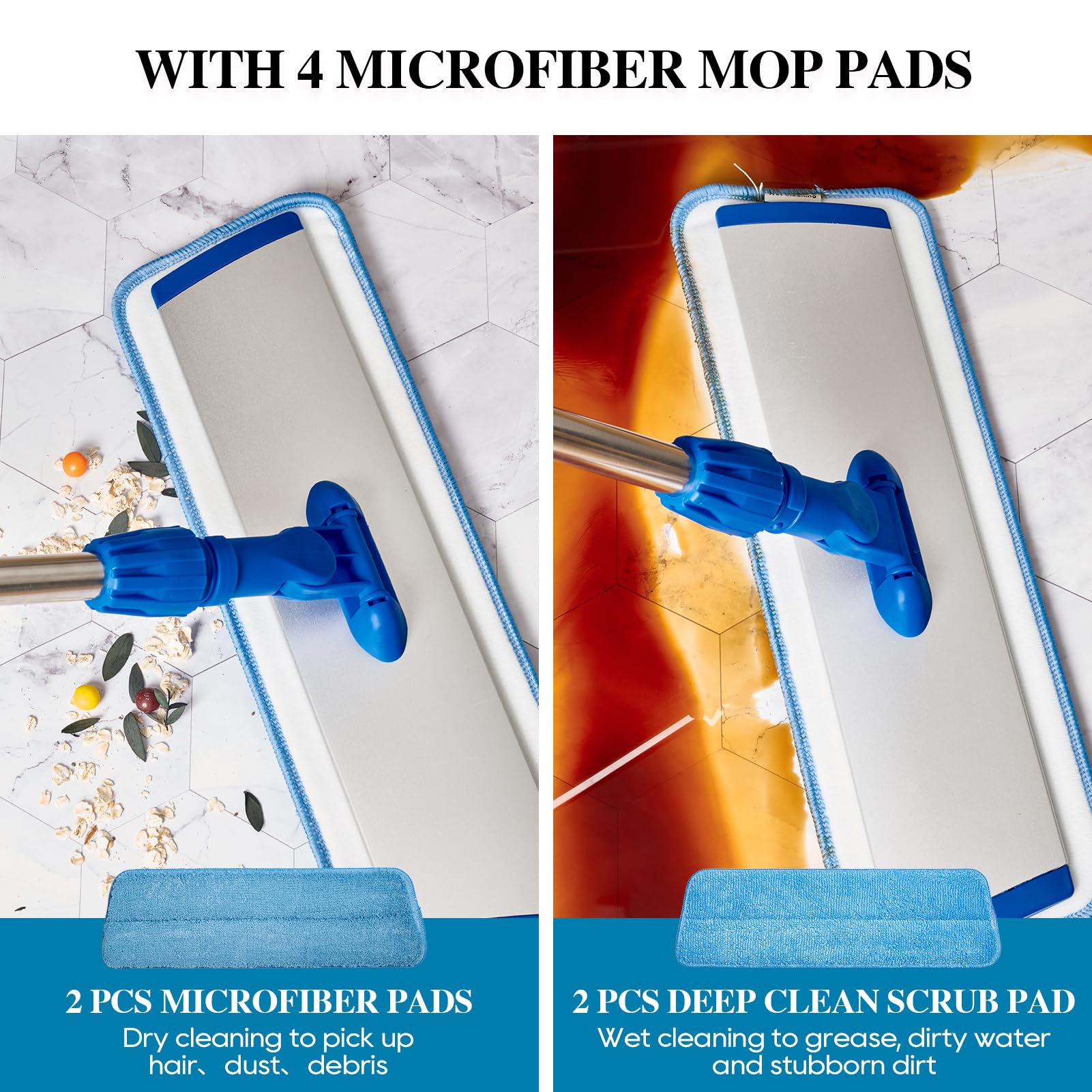 17.5'' Microfiber Mop for Floor Cleaning-Blue Flat Floor Mop with 58'' Stainless Steel Handle- 4 Reusable Washable Replacement Pads-Wet & Dry Use for Hardwood Tile Laminate-Home Kitchen Bathroom