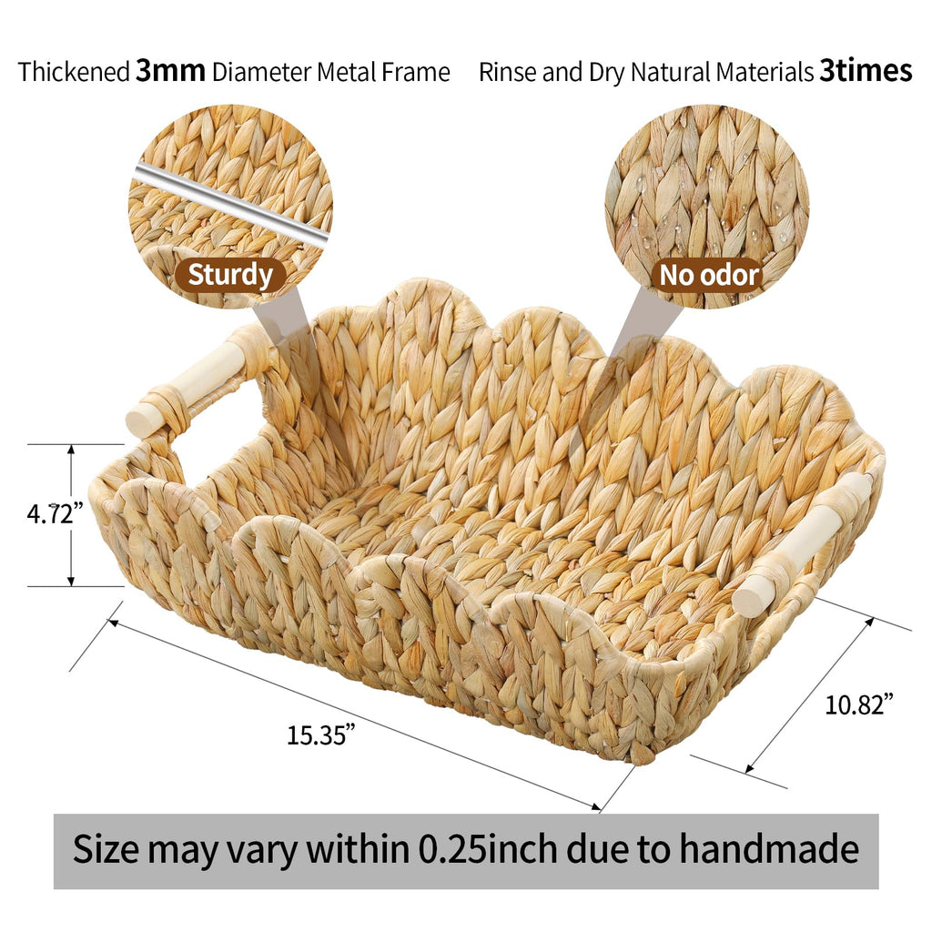 Coeusy Small Wicker Basket 2 Pack,Scalloped Basket for Organizing and Decor,Natural Water Hyacinth Storage Baskets with Wooden Handles for Gifts,Snack,Shelves