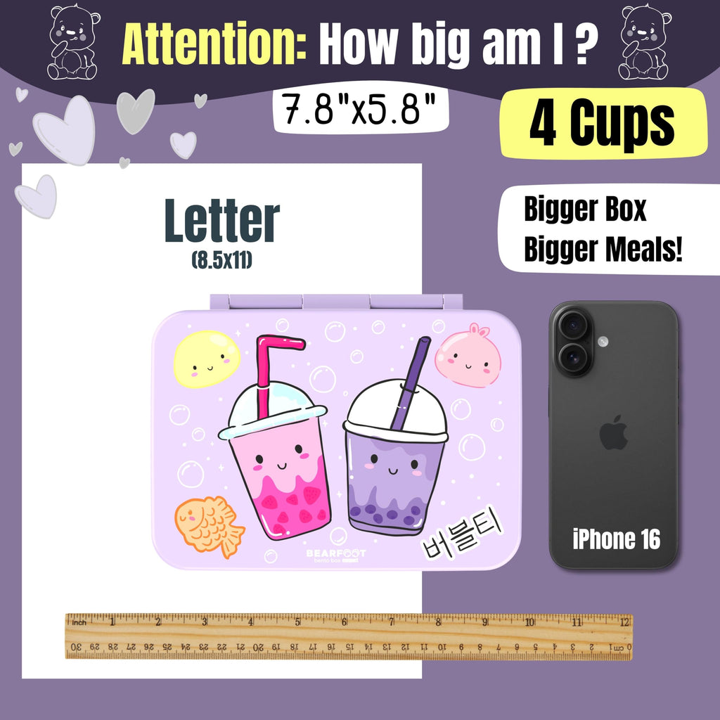 BEARFOOT Kids Lunch Box with Compartments – Compact & Lightweight | Leak-Proof, BPA-Free, Dishwasher Safe | Hand-Drawn Design for Preschool, School, Travel (BubbleTea Purple, 4 Cups)