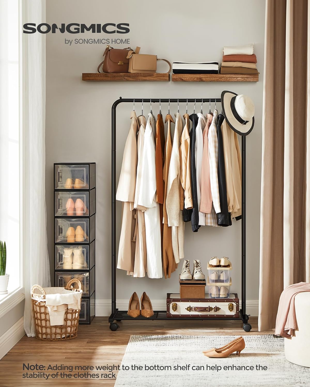 SONGMICS Clothes Rack - Metal Garment Rack with Wheels & Dense Mesh Shelf | 110 lb Capacity, Black