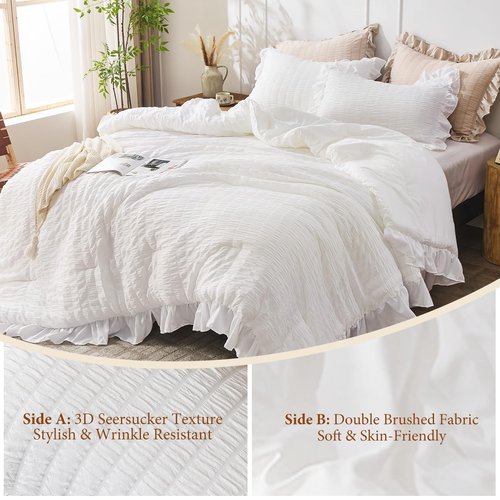 JOLLYVOGUE White Comforter Full Size, 3 Pieces Seersucker Lightweight Full Size Bedding, All Season Fluffy Microfiber Bedding Comforter Set with 1 Ruffle Comforter and 2 Ruffle Pillowshams