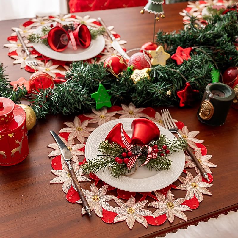 Red Christmas Placemats Set of 4 with Poinsettia Embroidery - 14inch Round, Gold Trim