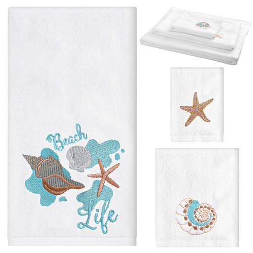 Peryiter 3 Pcs Beach Hand Towels for Bathroom Cotton Embroidered 1 Bath Towel 1 Hand Towel and 1 Wash Cloth Absorbent Bath Sheets for Bathroom Decor(White,Shells)