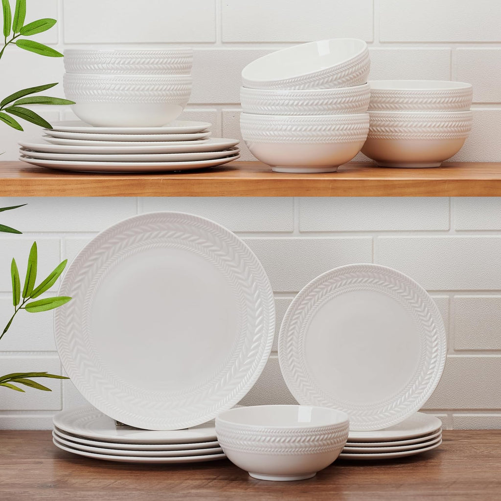 Pfaltzgraff Josephine 24-Piece Dinnerware Set - Elegant Porcelain Dish Set for 8 | Embossed Basket Weave Design, White