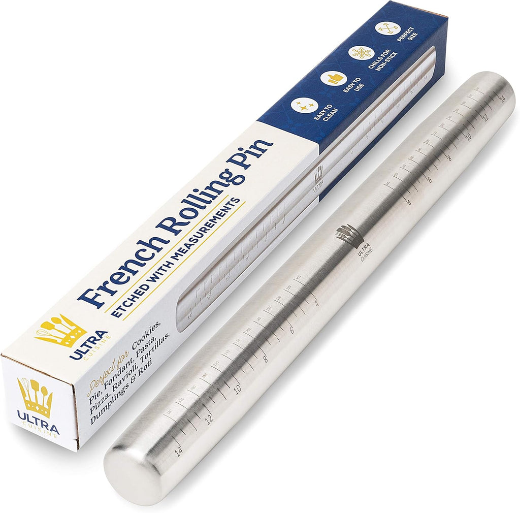 Ultra Cuisine French Rolling Pin - Tapered Stainless Steel Design for Baking, Dishwasher-Safe, 16-Inch
