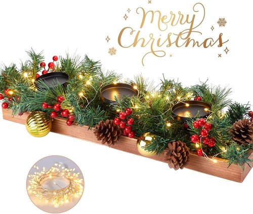 Brightown Foldable Wooden Box - Christmas Table Decoration with Fairy Lights & Ornaments | 23.6" Size