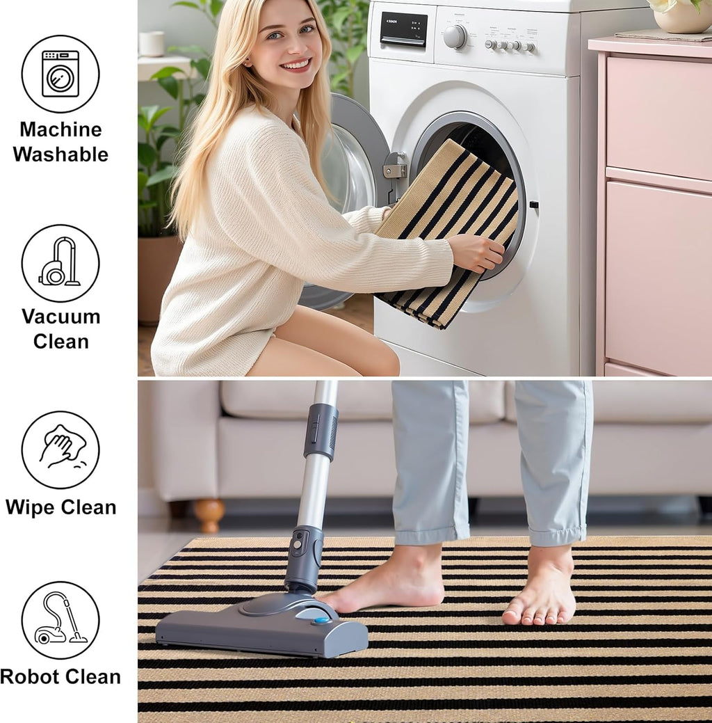OLANLY Striped Rug - Washable Brown and Black Cotton Doormat | 2' x 3' for Indoor/Outdoor Use