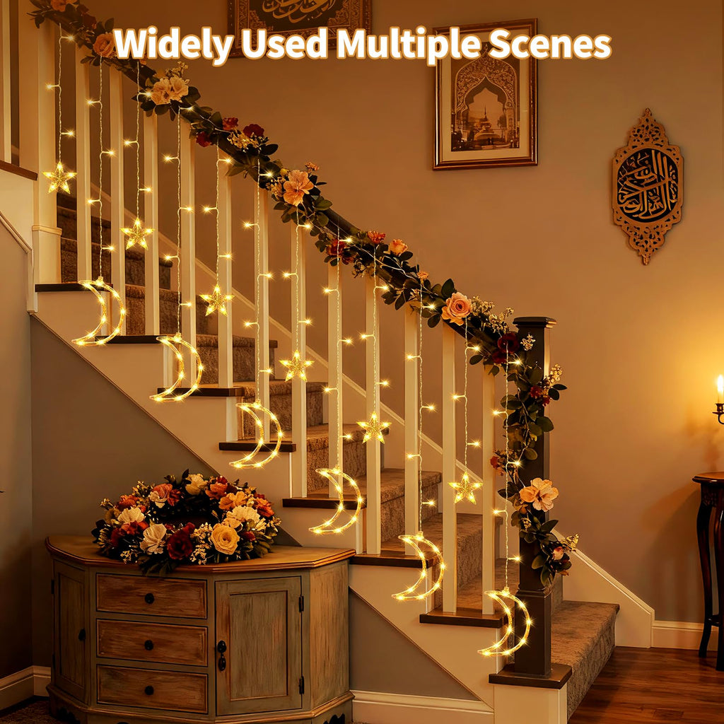 BomKra Dazzle Bright Ramadan Curtain String Lights, 138 LED Warm White Star Moon Fairy Lights 8 Lighting Modes with Remote and 12 Hooks for Bedroom Wall, Outdoor Party, Ramadan Decorations
