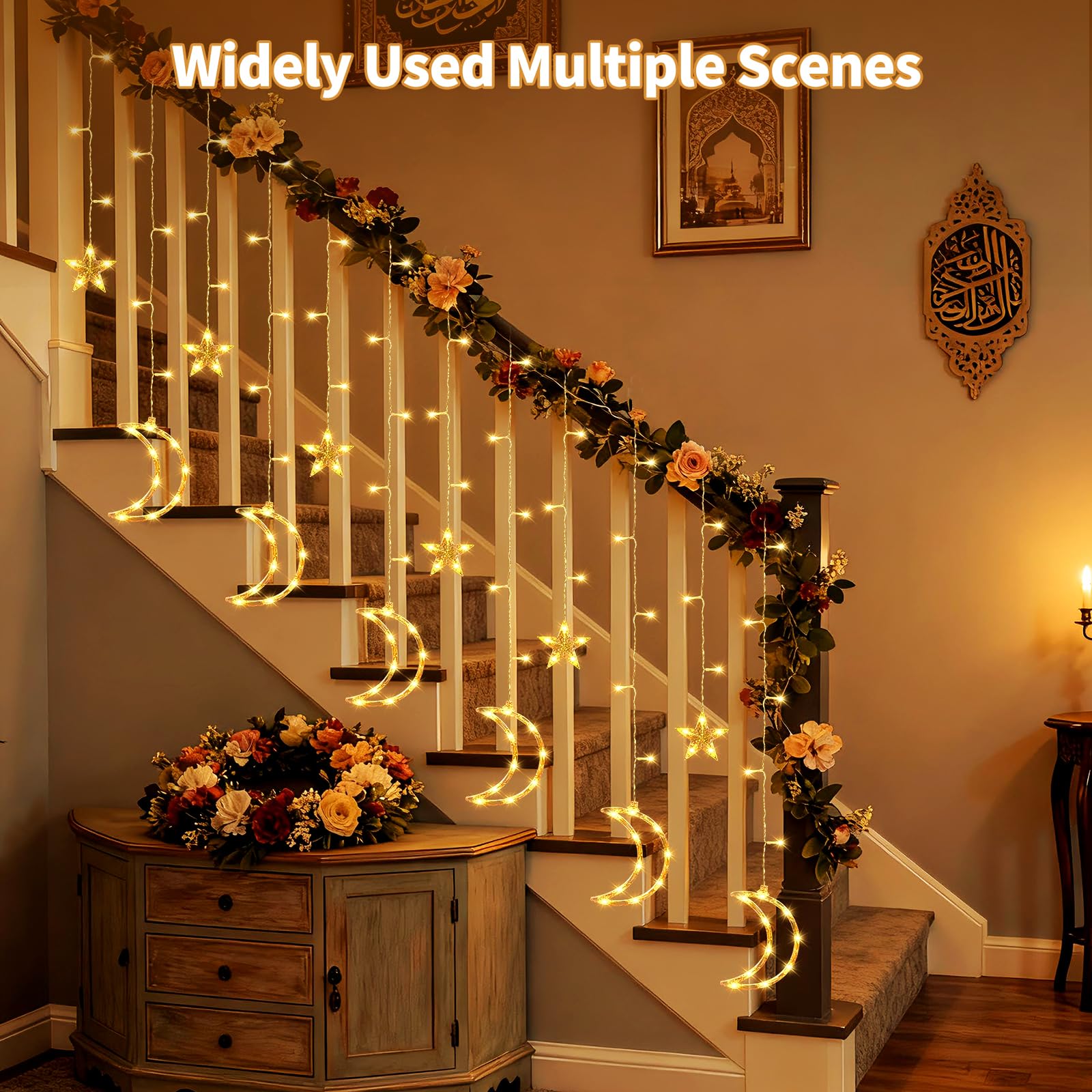 BomKra Dazzle Bright Ramadan Curtain String Lights, 138 LED Warm White Star Moon Fairy Lights 8 Lighting Modes with Remote and 12 Hooks for Bedroom Wall, Outdoor Party, Ramadan Decorations