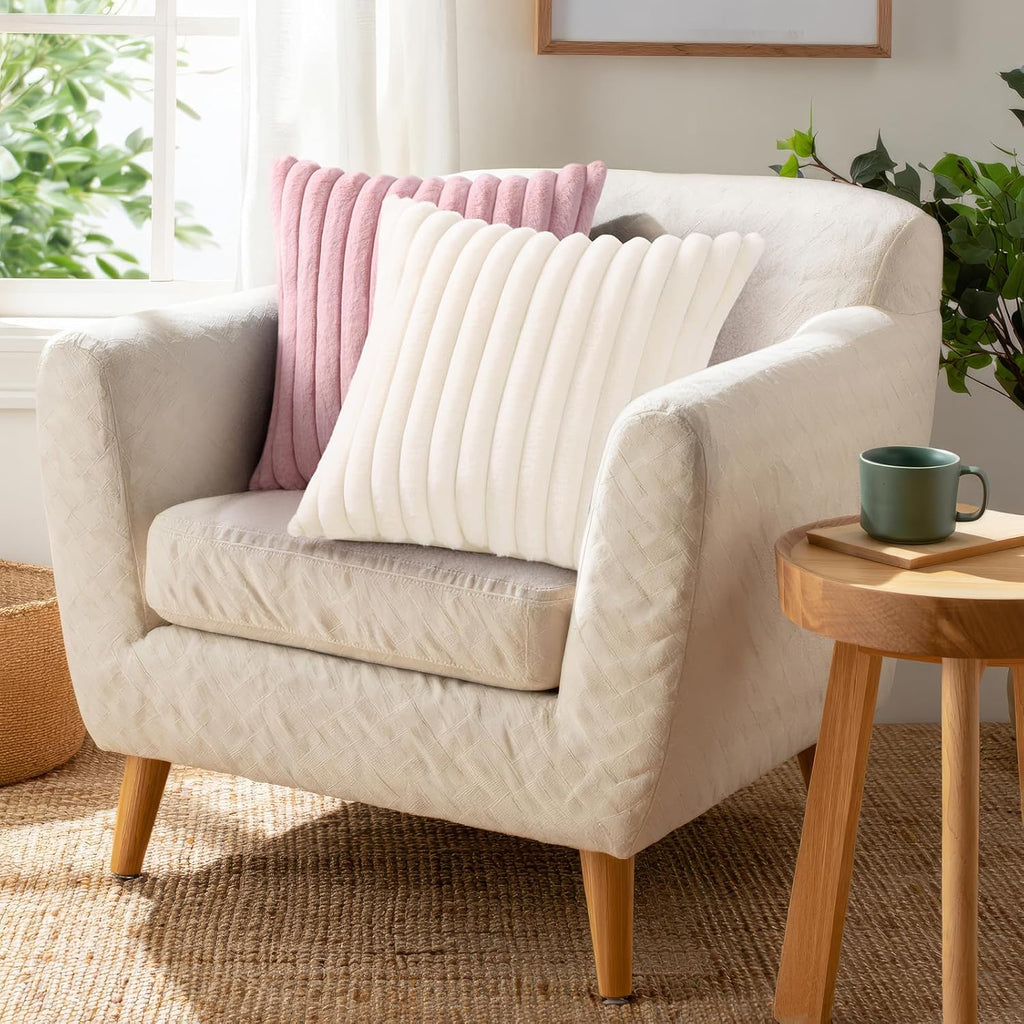 Pallene Faux Fur Pillow Covers - Luxury Soft Fluffy Striped Design | Set of 2, 18x18, Cream White