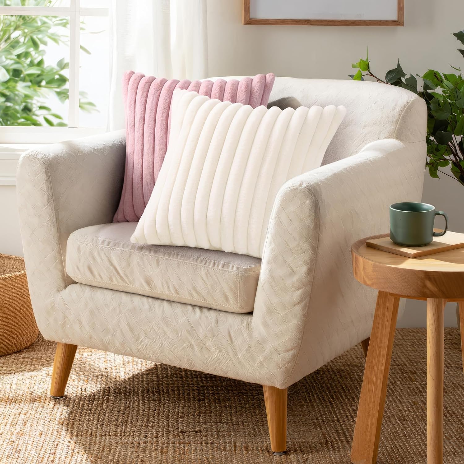 Pallene Faux Fur Pillow Covers - Luxury Soft Fluffy Striped Design | Set of 2, 18x18, Cream White