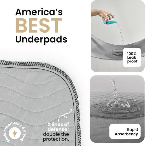 IMPROVIA® Washable Underpads - Heavy Absorbency Reusable Incontinence Pads for Kids & Adults | Waterproof Grey & White (4 Pack - 18x24)