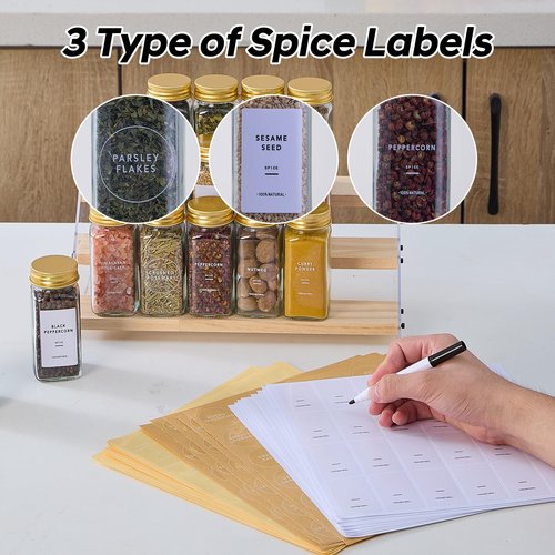 Fiwence 24 Pcs Glass Spice Jars with 576 Labels, 4oz Empty Square Spice Containers,Seasoning Bottles with Gold Metal Caps - Shaker Lids, Funnel and Pen Included