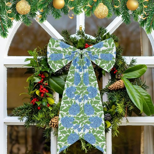 HunnmingRe Hydrangea Bow Wreath Sash - 24 x 16 Inch Christmas Decor for Front Door | Blue Green Floral Burlap