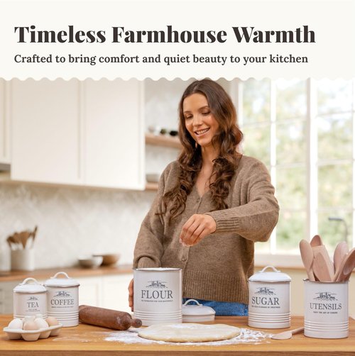 noonberry Kitchen Canisters for Countertop – 5-Piece Airtight Flour Sugar Coffee Tea Kitchen Canister Set with Utensil Holder – Sugar and Flour Containers for Kitchen Counter, Cream-White Finish