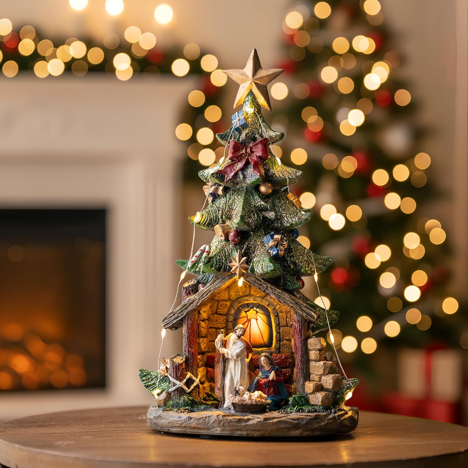 VISFLAIR 12'' Lighted Christmas Tree Nativity Scene - Musical Holy Family Figurines with LED Lights
