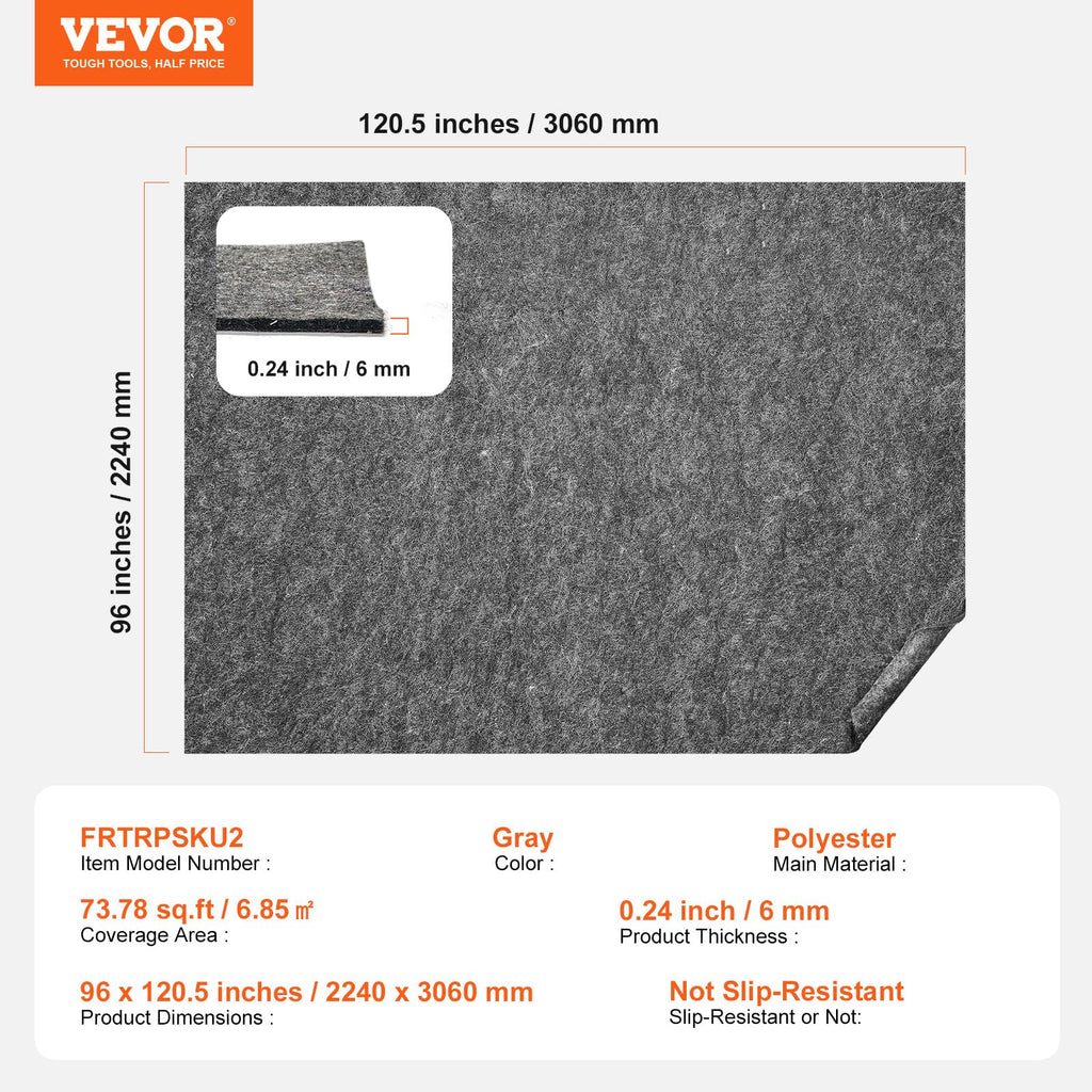 VEVOR 8' x 10' Rug Pad Gripper Without Slip-Resistance - 1/4" Thick Polyester Felt Padding Cushion for Area Carpet Runner Hardwood Floors Living Room - Grey