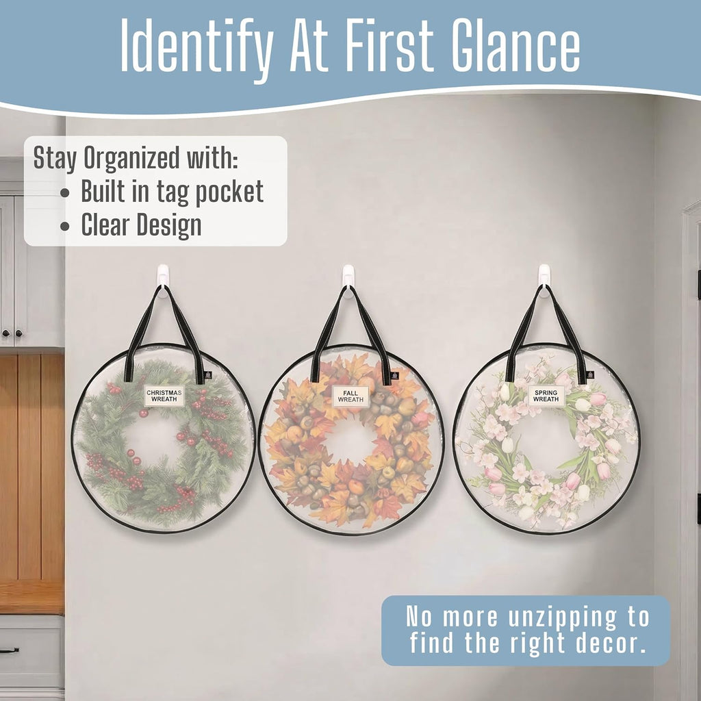 VENO Wreath Storage Container - 24 Inch Heavy-Duty Clear Bag with Wall Hanging Handles | 4 Pack