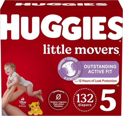 Huggies Little Movers Size 5 Diapers - 132 Count for Babies 27+ lbs | Soft & Comfortable Fit